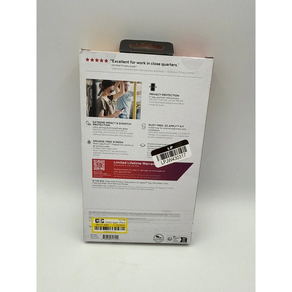 ZAGG Privacy Screen Protector‎ iPhone 16 Plus 15 Plus Black New Glass